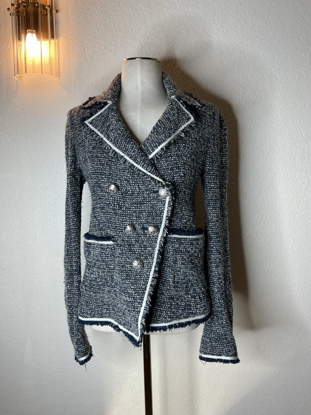 Veronica Beard Navy Tweed Double-Breasted Blazer with White Trim